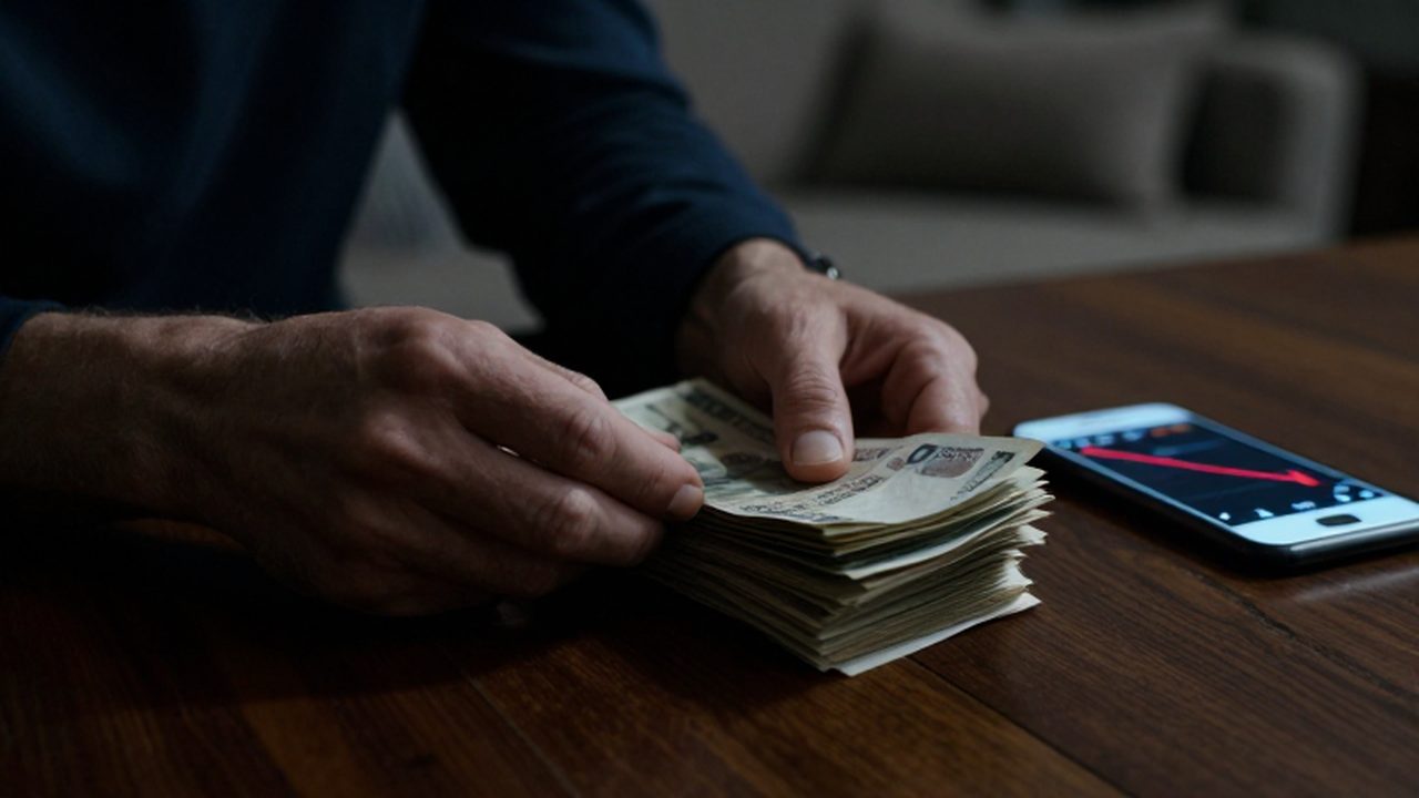 Manos de una persona contando billetes desgastados junto a un smartphone con un gráfico financiero descendente.
