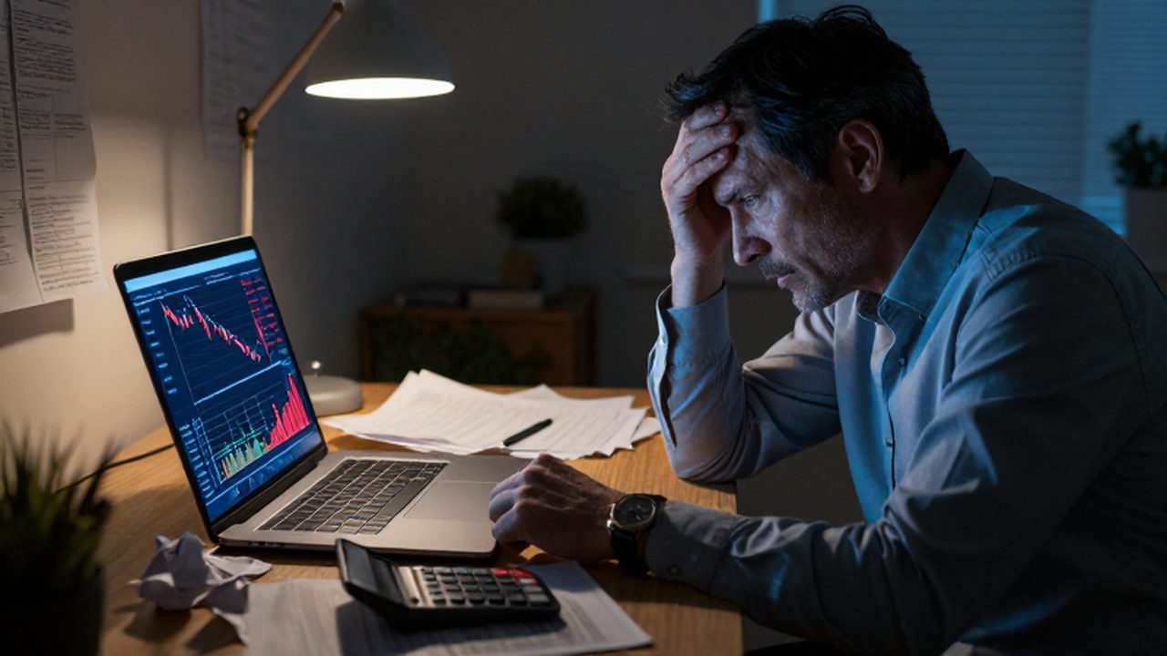 Profesional estresado frente a una computadora con gráficos financieros en descenso y recibos desordenados.