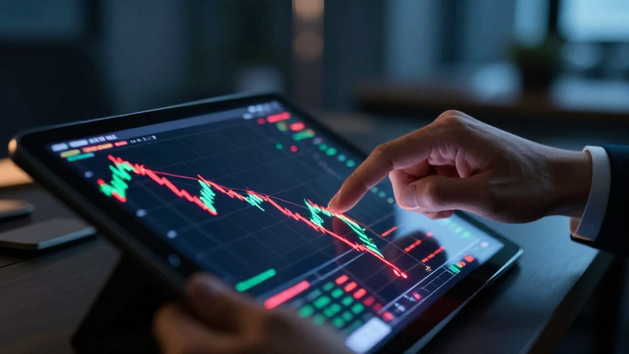 Mano de inversor sobre una tableta digital que muestra gráficos financieros con una tendencia descendente.