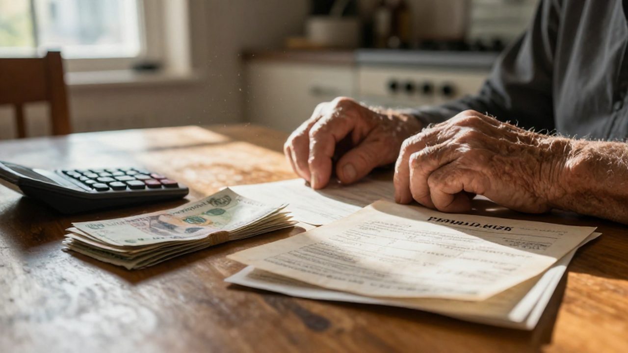 Manos envejecidas sobre una mesa de madera junto a facturas acumuladas y poco dinero.