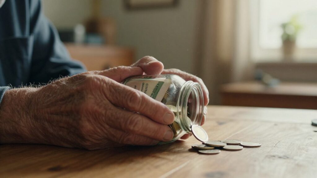 Manos de un anciano sostienen un frasco con monedas y billetes sobre una mesa de madera.