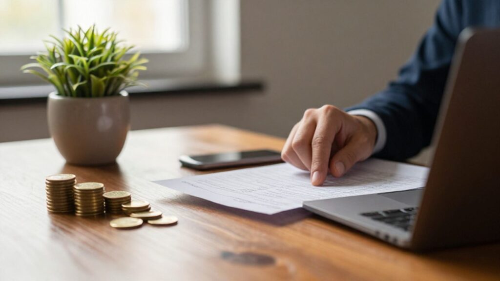 Manos revisando una hoja de cálculo financiera en un portátil sobre un escritorio con monedas de oro.