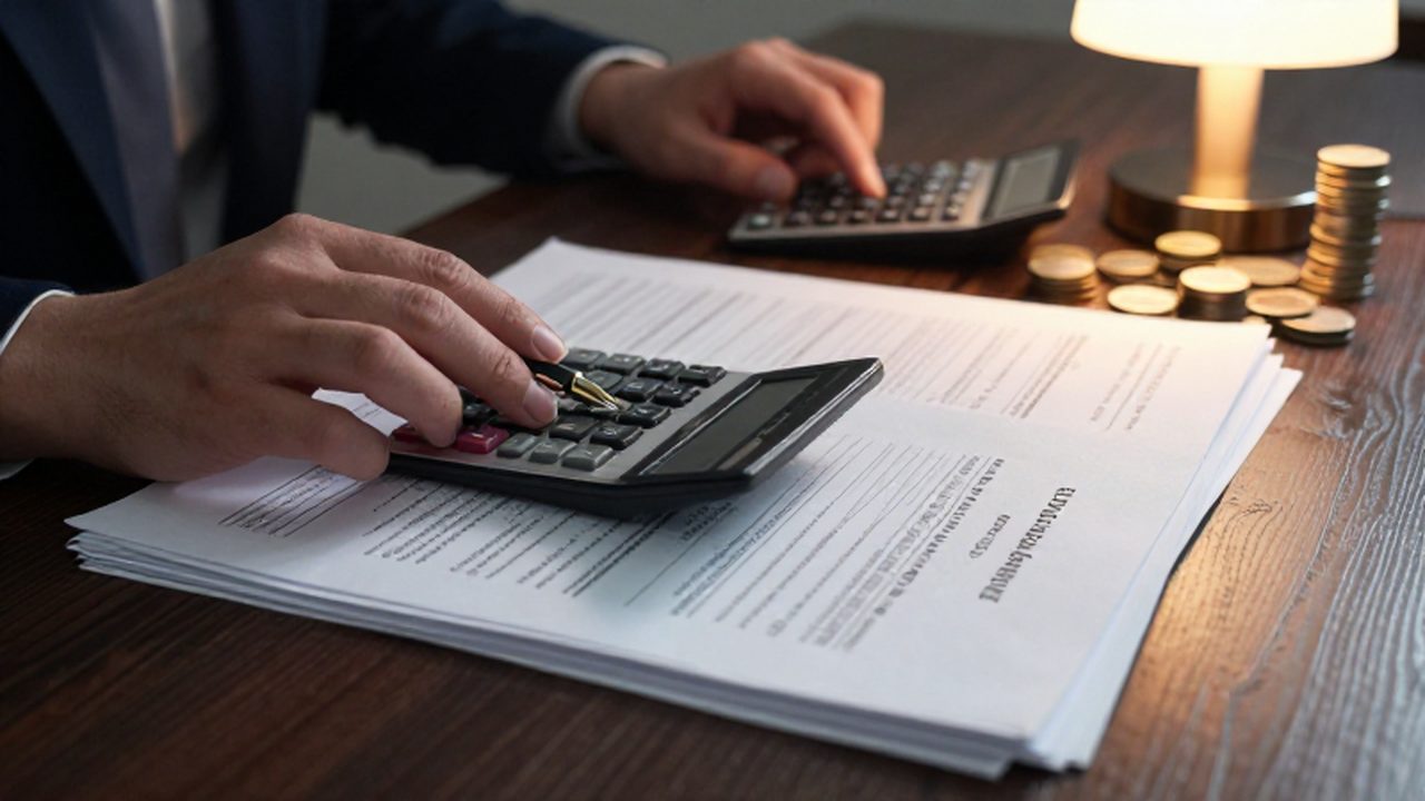Manos utilizando una calculadora y un bolígrafo sobre documentos financieros y papeles de hipoteca.