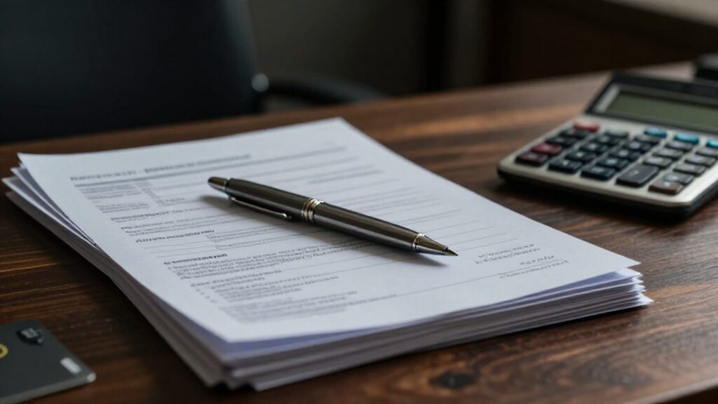 Documentos fiscales y estados de cuenta de tarjetas de crédito sobre un escritorio con una calculadora.