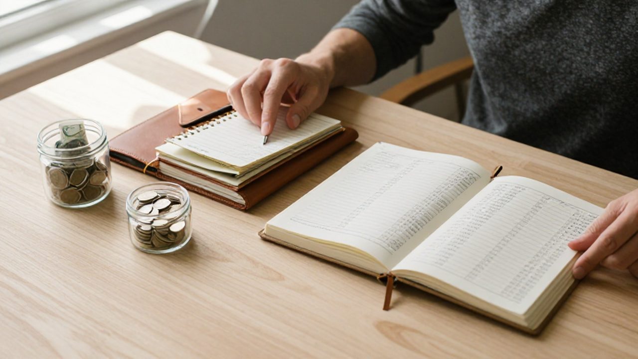 Persona organizando planificadores, efectivo en frascos de cristal y un cuaderno de gastos sobre un escritorio de madera.