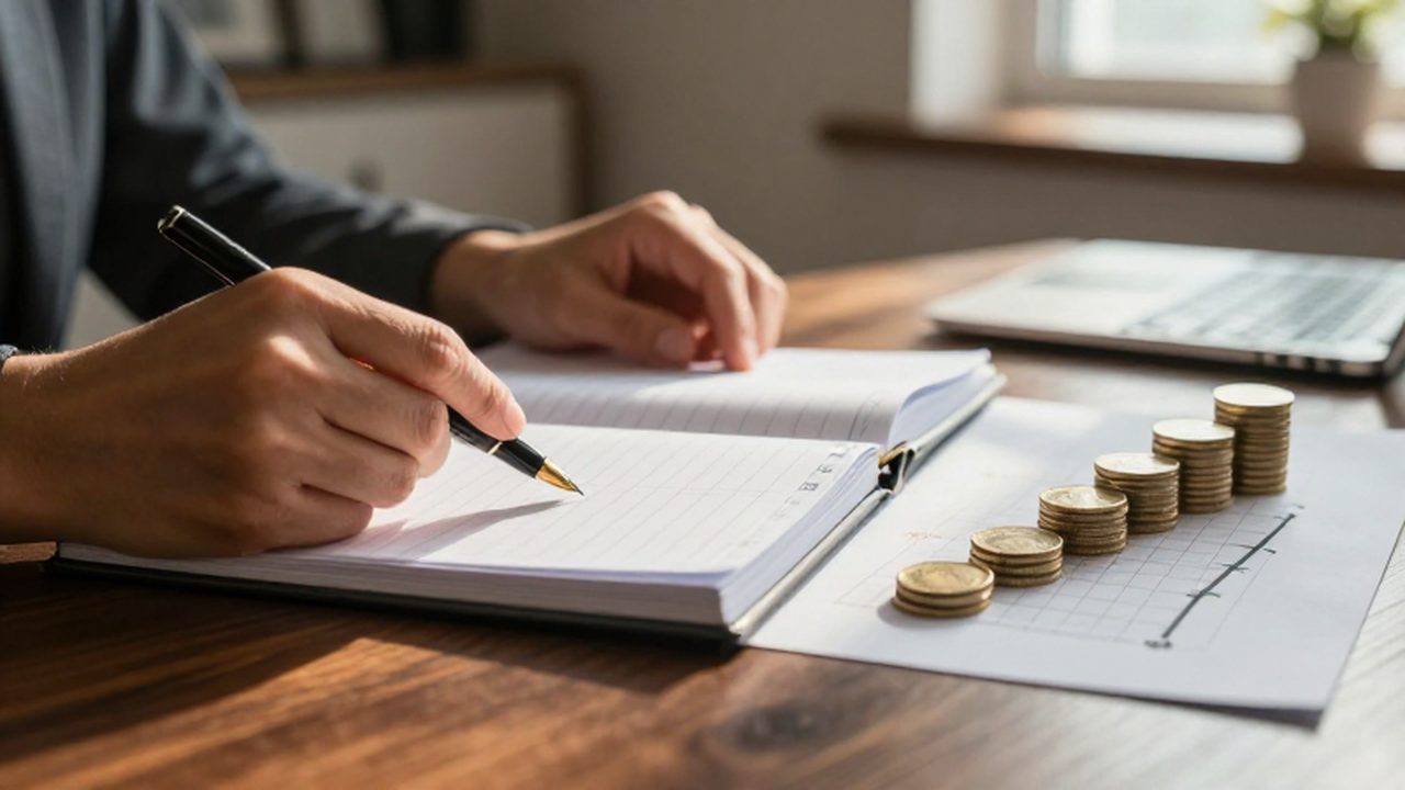 Manos organizando un planificador financiero junto a monedas de oro y un gráfico de crecimiento.