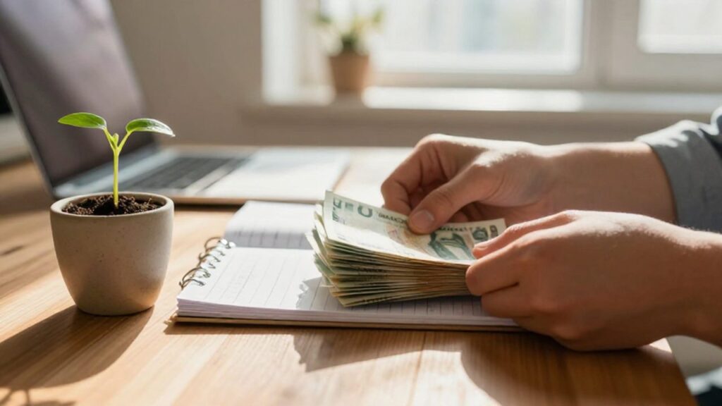 Manos organizando billetes junto a un planificador de presupuestos y una pequeña planta creciendo.