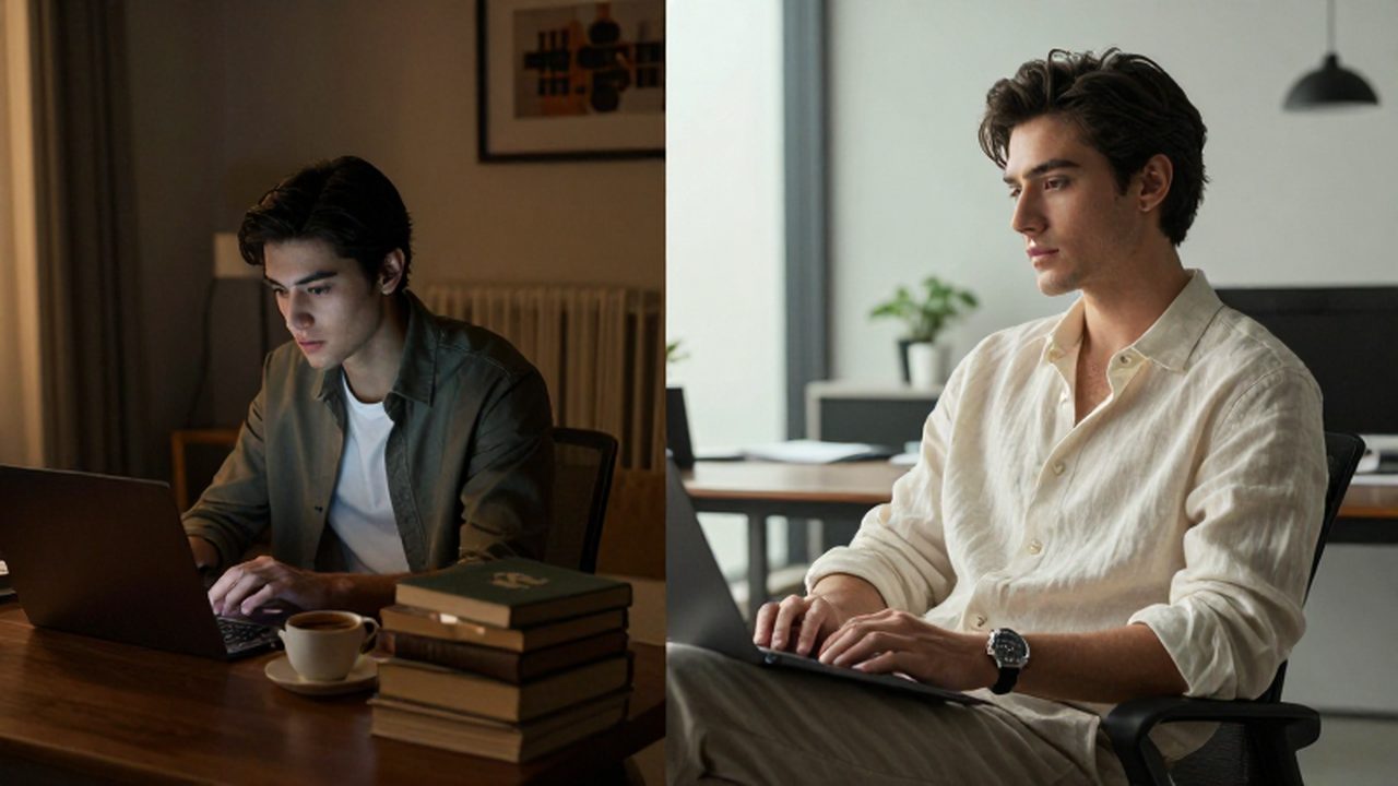 Comparativa de un hombre estudiando con disciplina en un apartamento frente a su versión exitosa en una oficina moderna.