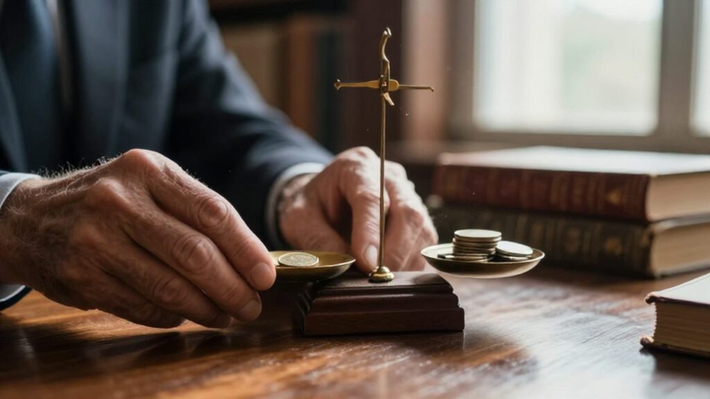 Manos envejecidas equilibran una moneda de oro y varias de plata en una balanza sobre un escritorio de madera.