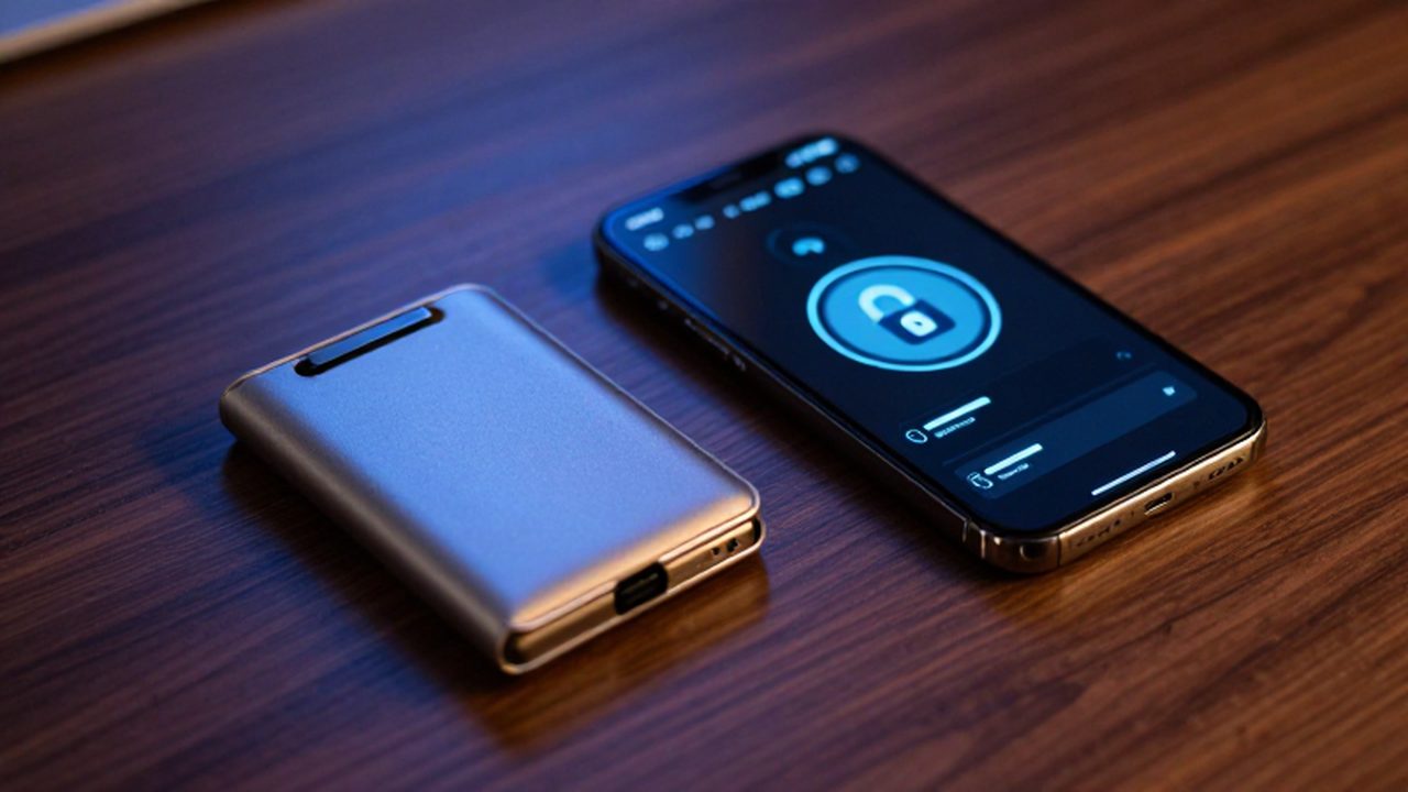Billetera de criptomonedas metálica y un smartphone junto a una interfaz digital sobre un escritorio de madera.