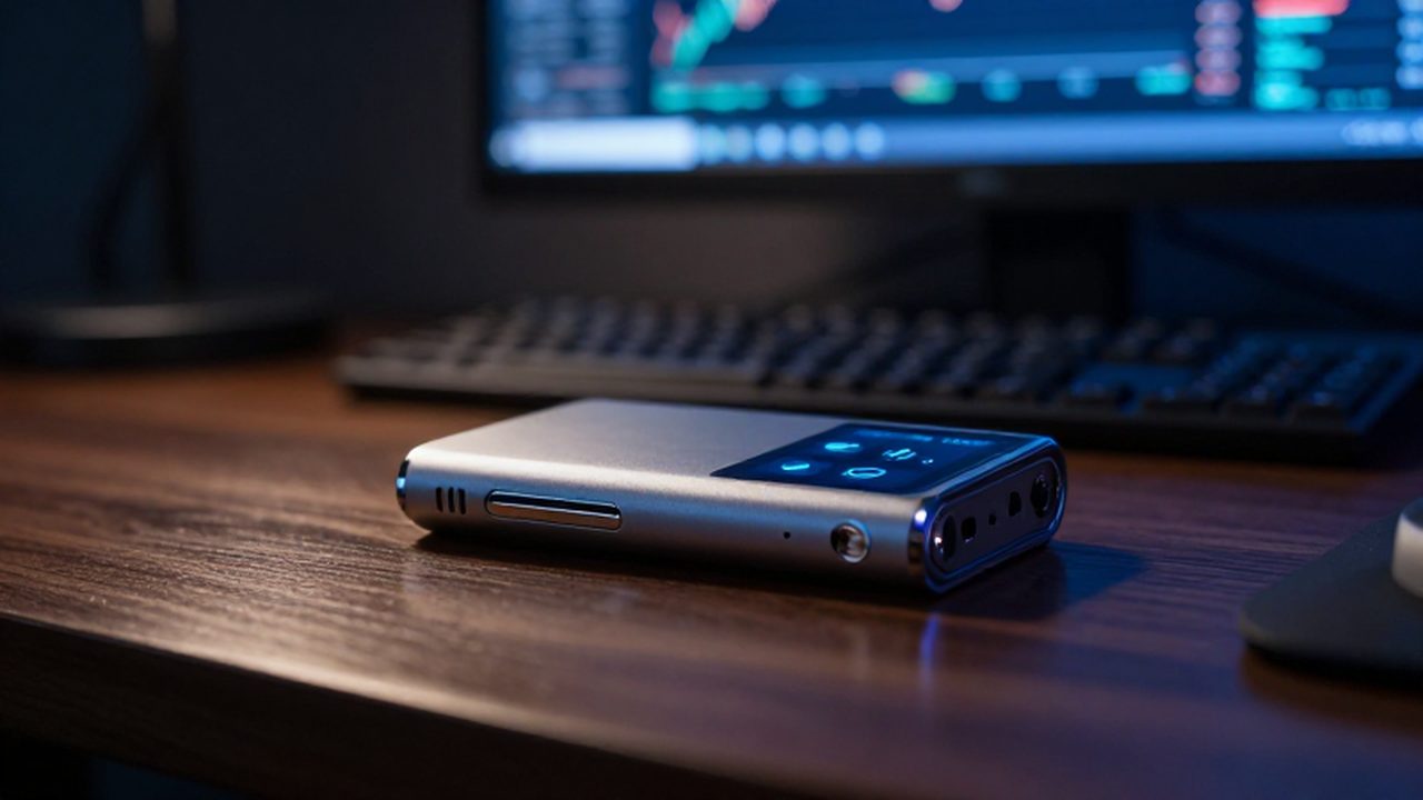 Cartera de criptomonedas metálica sobre un escritorio de madera frente a gráficos financieros desenfocados.