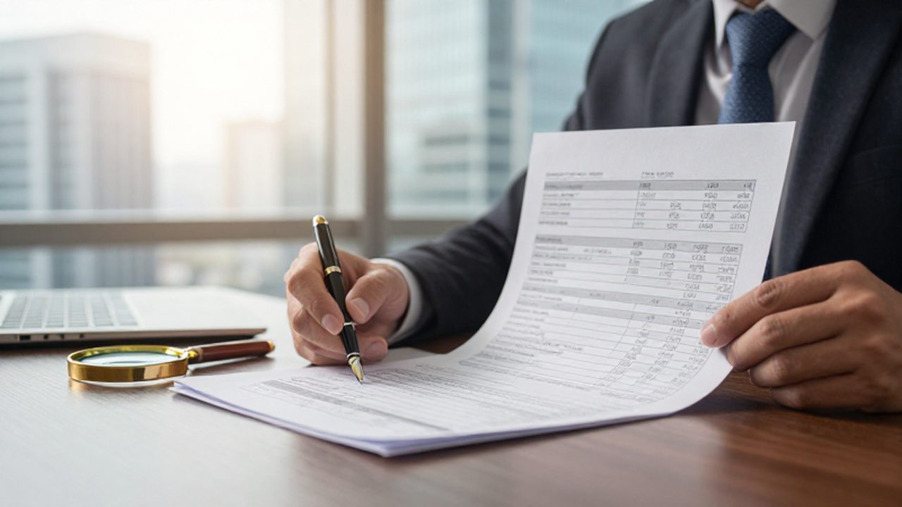 Analista financiero revisando balances y estados de resultados sobre un escritorio de madera.