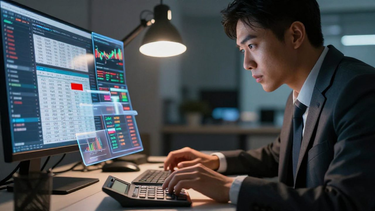 Analista financiero concentrado examinando gráficos holográficos y un error resaltado en un balance contable.