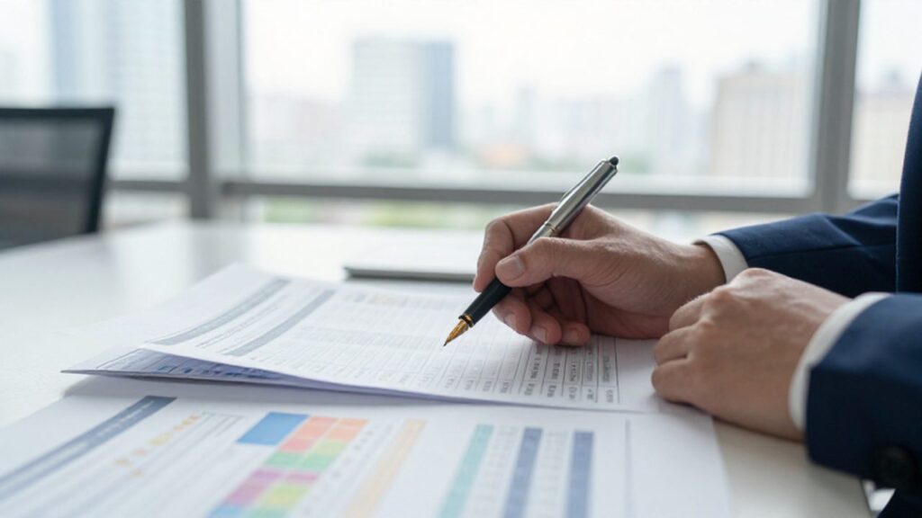 Manos de un analista financiero revisando hojas de balance y gráficos de datos con un bolígrafo.
