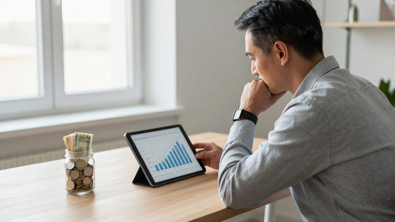 Profesional analizando gráficos de ahorros en una tableta junto a un frasco con dinero.