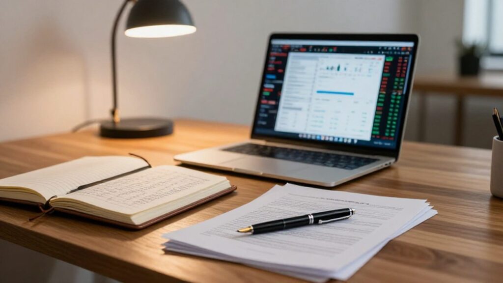 Escritorio con laptop mostrando gráficos financieros