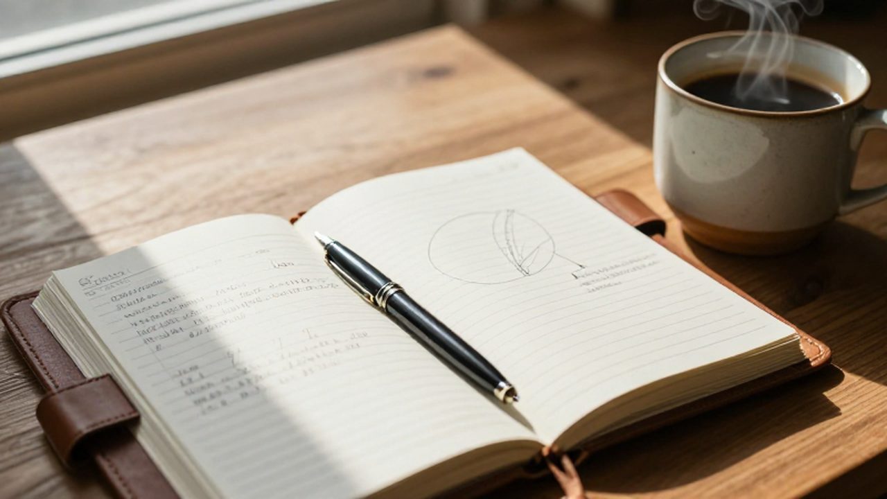 Planificador abierto con metas financieras escritas a mano junto a un café en un escritorio de madera.