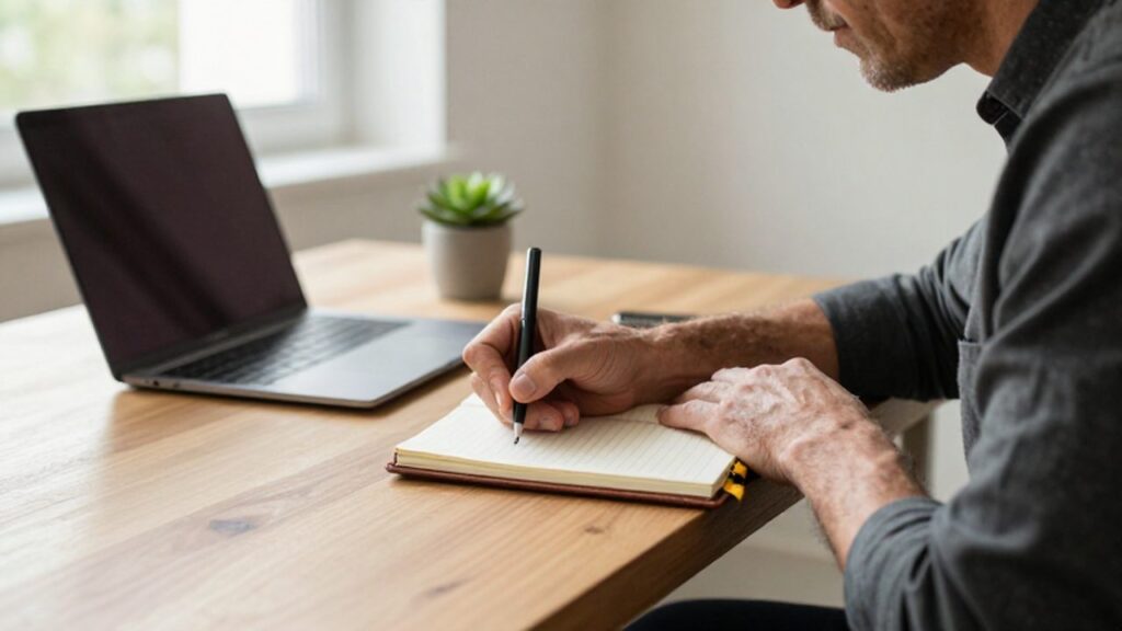 Persona sentada en un escritorio luminoso escribiendo con atención en un cuaderno de cuero.