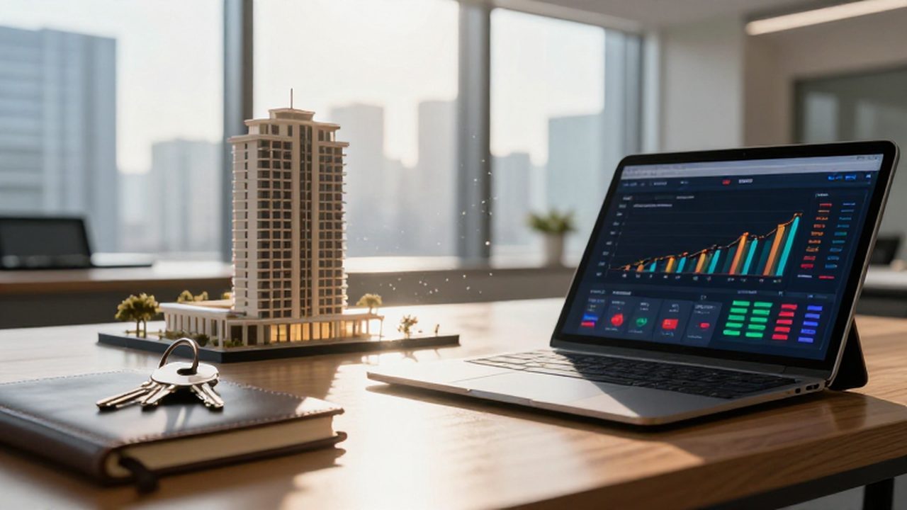 Maqueta de una residencia moderna y una tableta con gráficos financieros sobre un escritorio profesional.