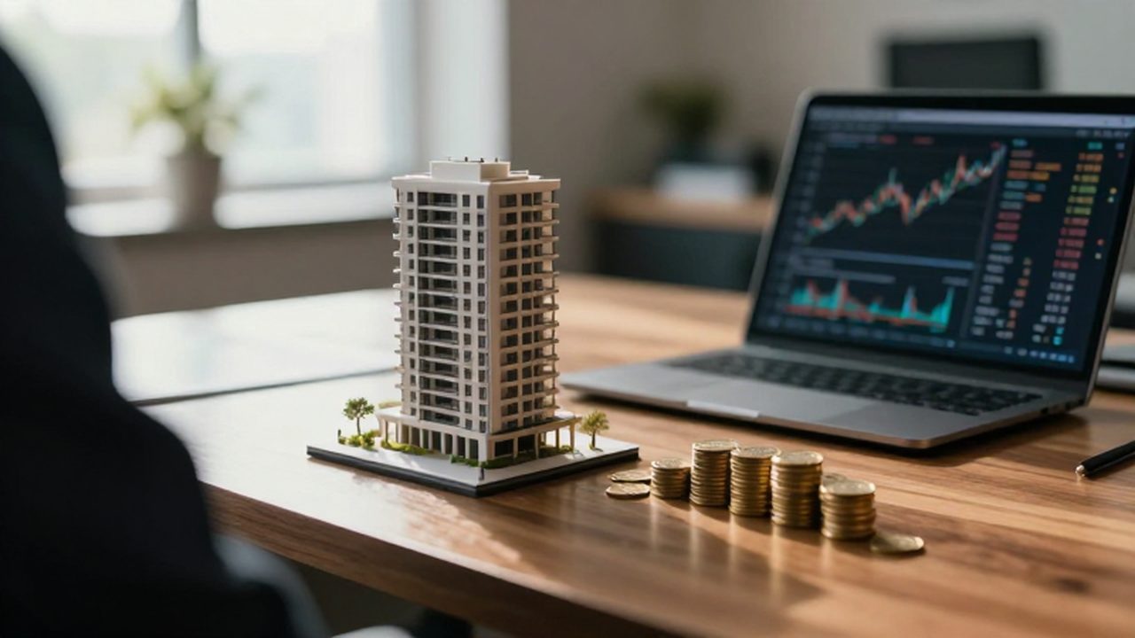 Maqueta de un edificio moderno junto a monedas de oro y gráficos financieros en un escritorio.