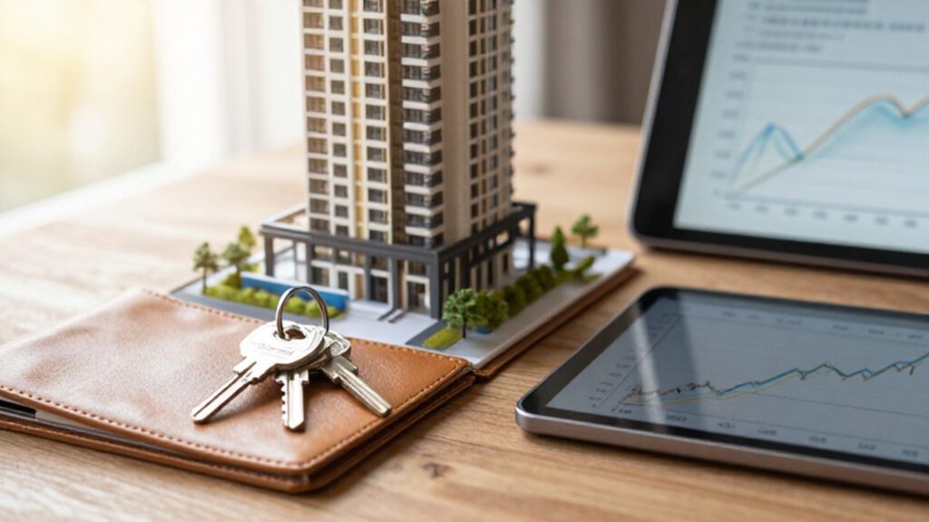 Maqueta de una residencia moderna junto a unas llaves y una tableta con gráficos financieros.