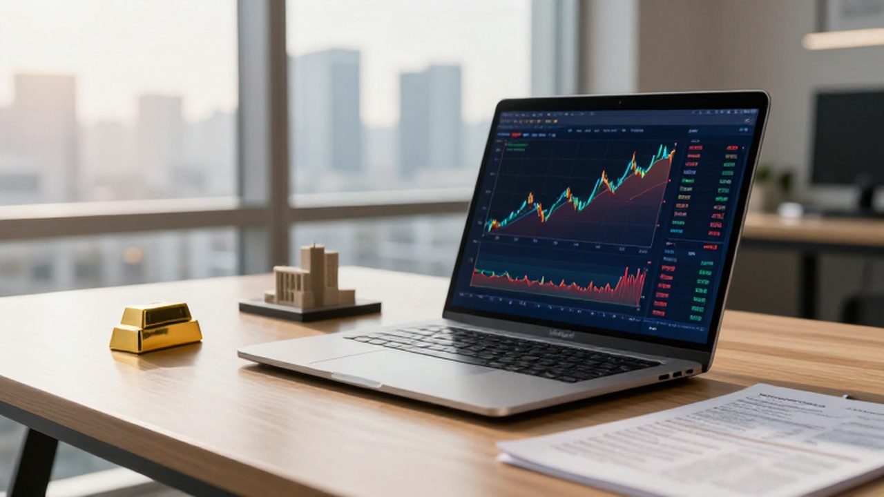 Escritorio de trabajo con un portátil que muestra gráficos financieros junto a un lingote de oro.