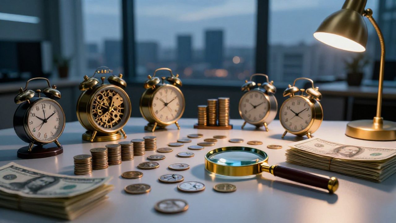 Escritorio de oficina con monedas antiguas, billetes y relojes mecánicos bajo la luz de un atardecer.