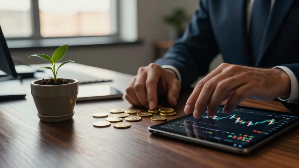 Manos de un profesional organizando monedas de oro
