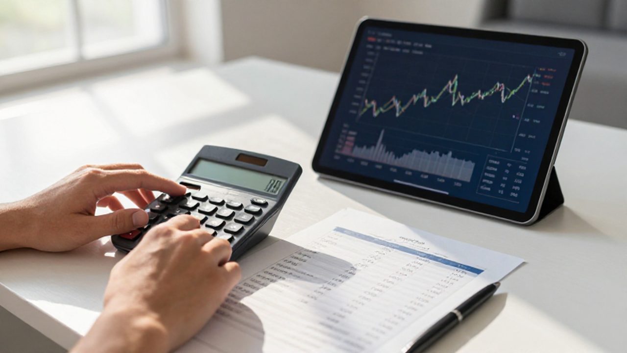 Manos analizando gráficos financieros en una tableta y tablas comparativas sobre un escritorio ordenado.