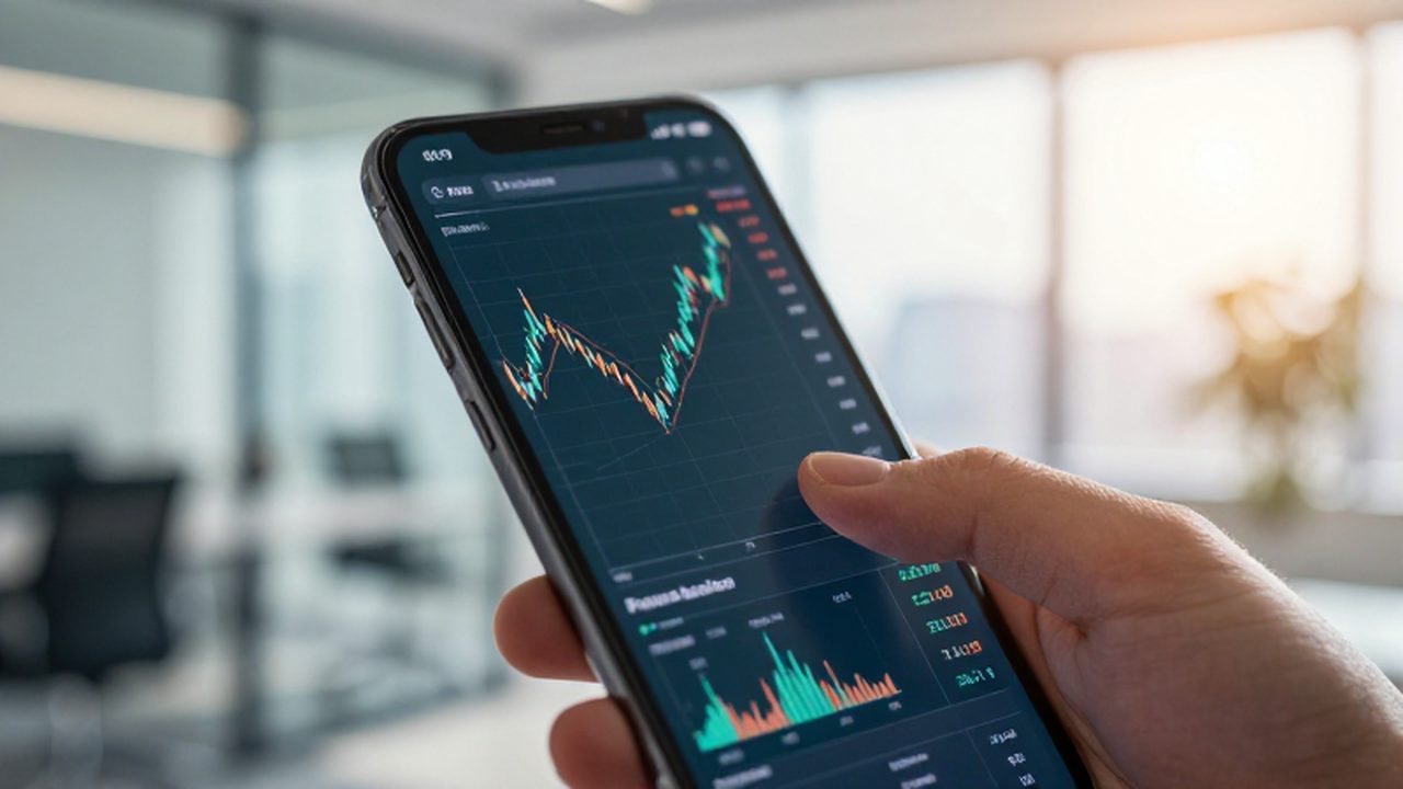 Dedo de una persona a punto de tocar un gráfico de velas financieras en un smartphone.