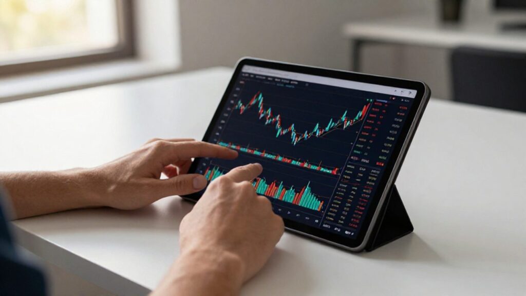 Manos de un profesional analizando gráficos financieros y de fondos cotizados en una tableta.