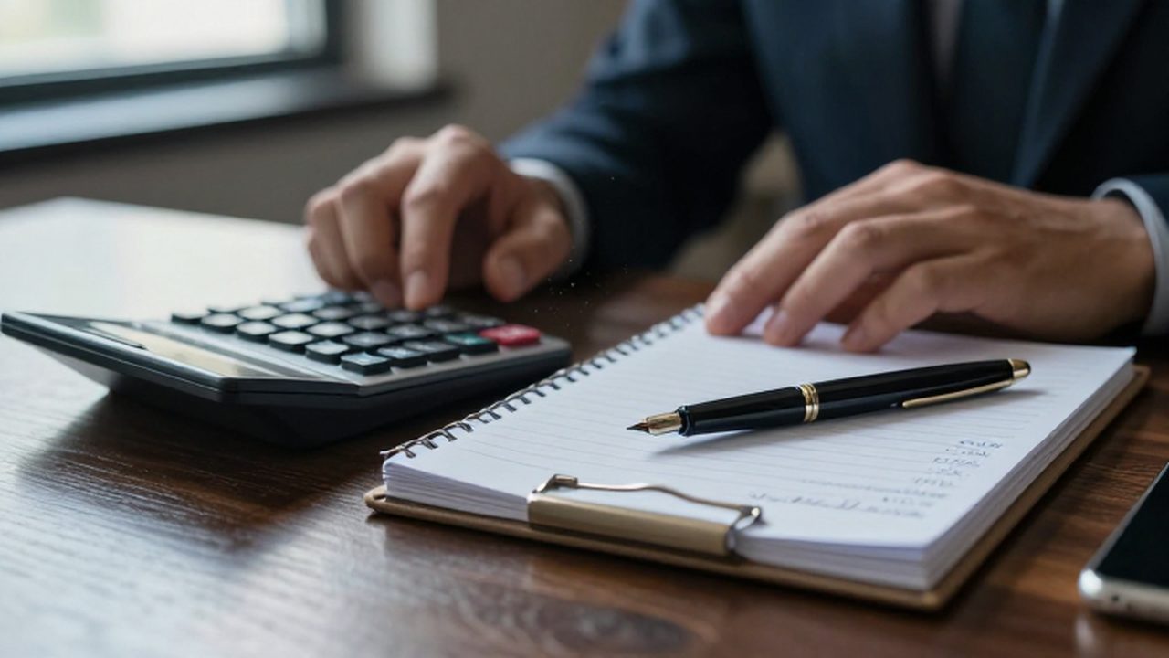 Manos sobre un escritorio de madera junto a un libro de contabilidad y una calculadora.