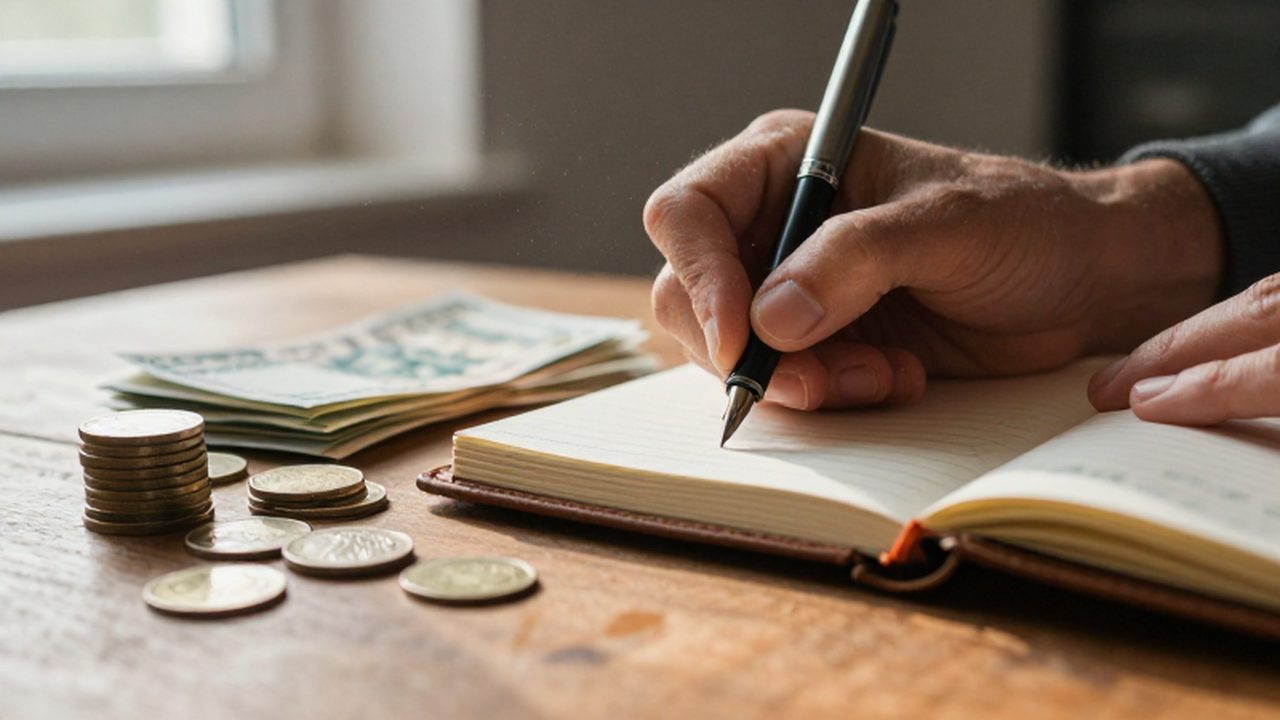 Manos escribiendo en una agenda de cuero junto a monedas y billetes sobre un escritorio de madera.