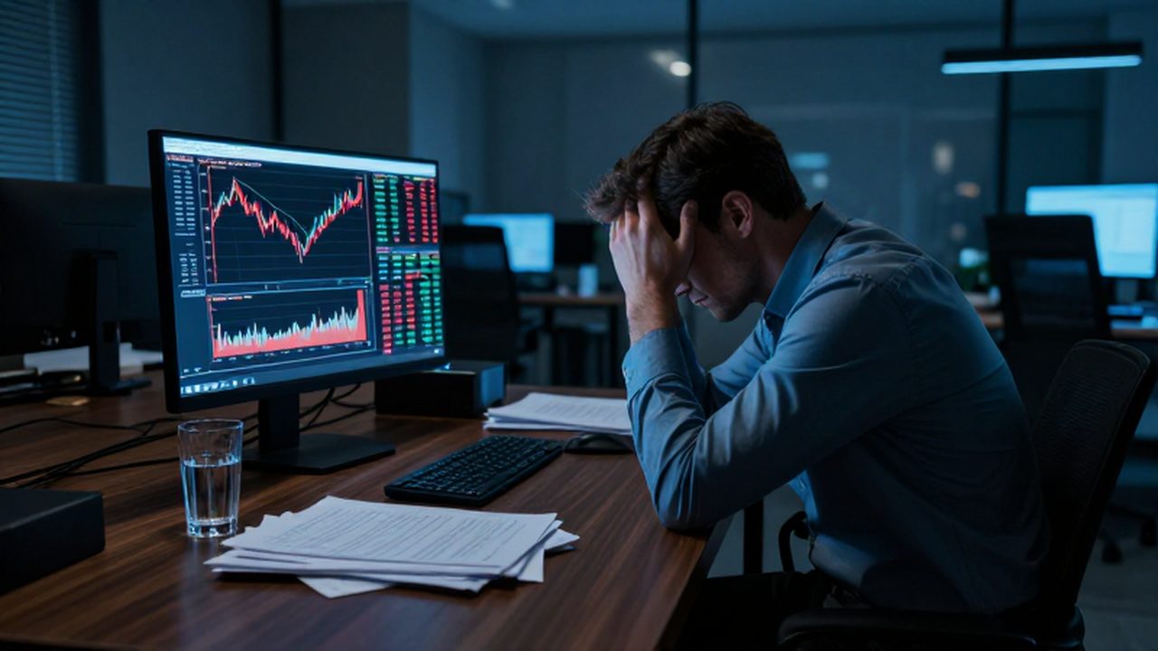 Analista financiero estresado frente a un monitor con gráficos bursátiles en descenso durante la noche.