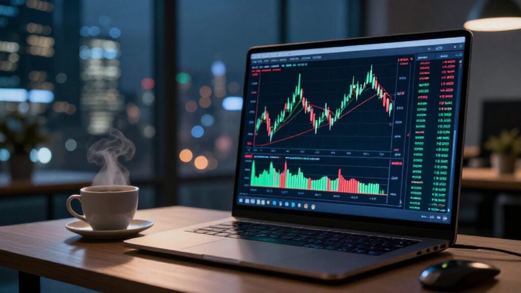 Escritorio de un trader con gráficos de acciones en un monitor