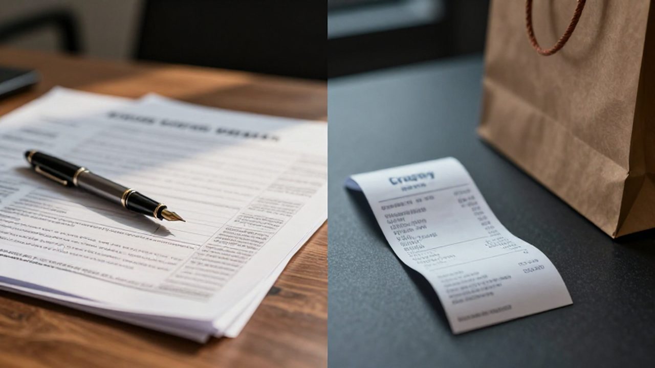 Escritorio dividido entre formularios de impuestos con una pluma y un recibo de compra.