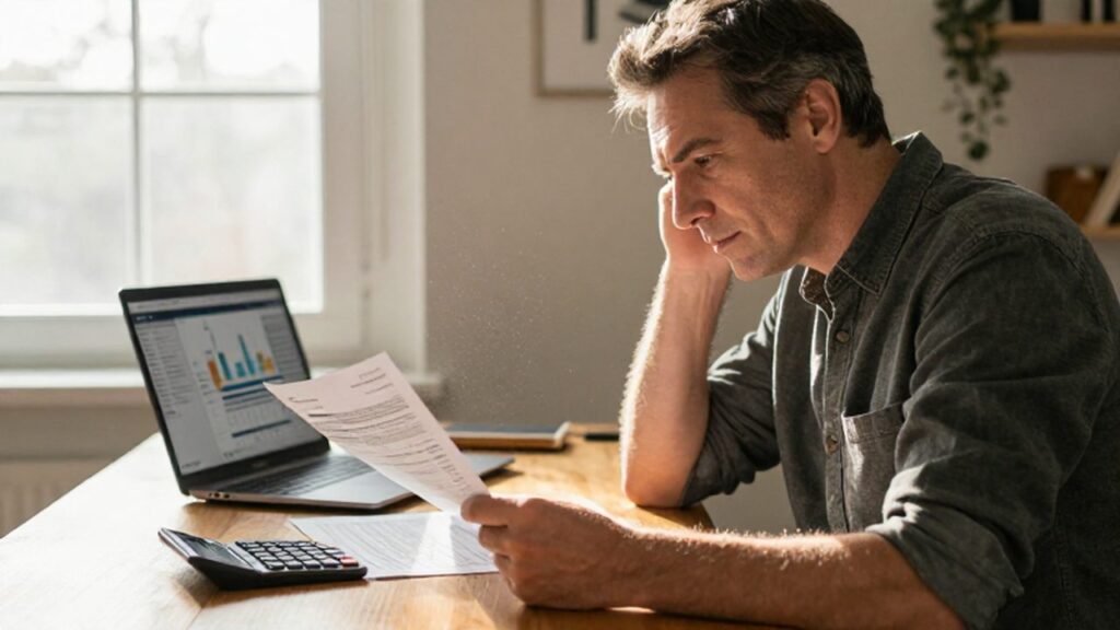 Hombre de mediana edad revisando documentos fiscales y usando una calculadora en su oficina iluminada.