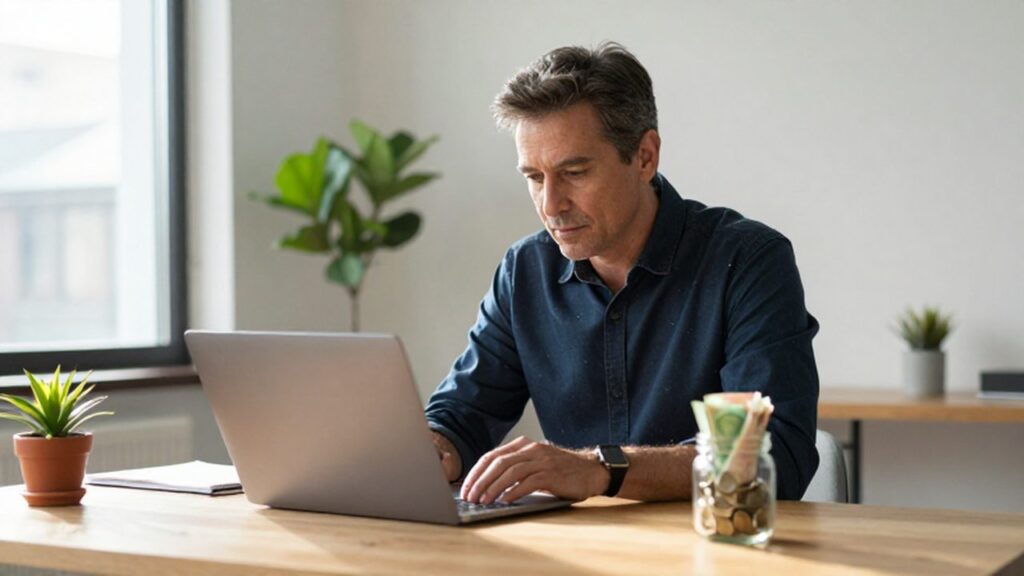 Hombre concentrado trabajando en su escritorio con un bote de ahorros junto al portátil.