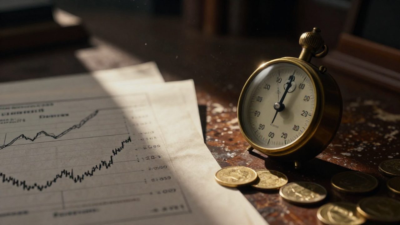 Metrónomo de latón junto a monedas de oro y gráficos financieros sobre un escritorio de madera.