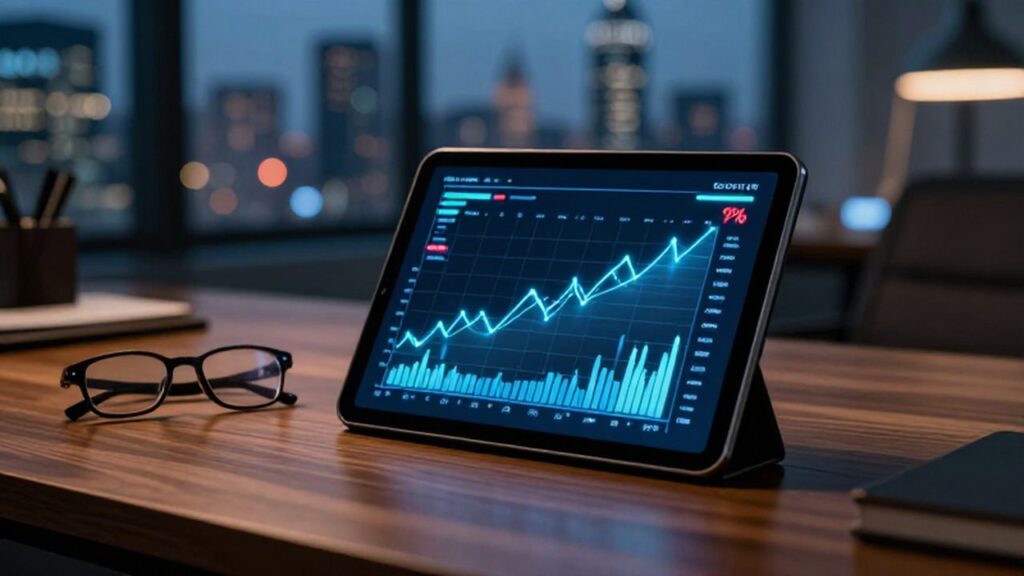 Tableta digital con gráficos financieros ascendentes sobre un escritorio de madera en un despacho ejecutivo.