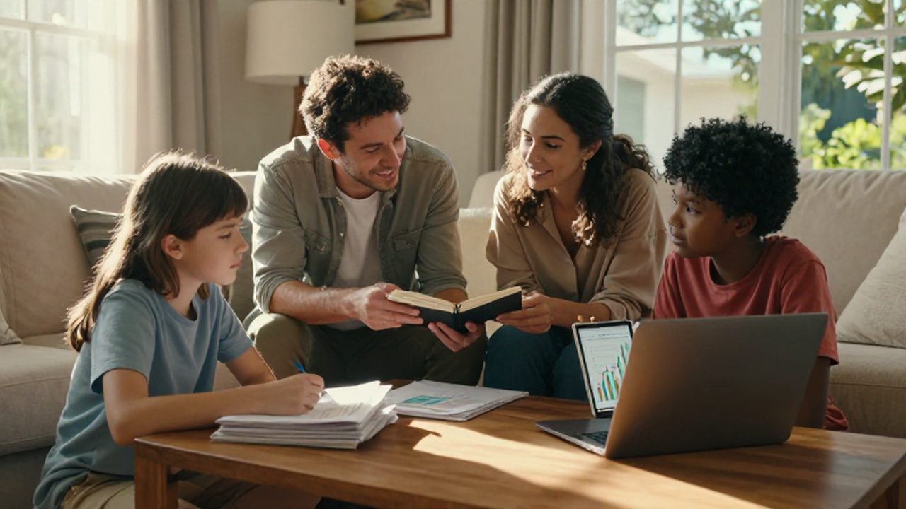 Familia reunida en una sala iluminada revisando documentos financieros y una laptop.