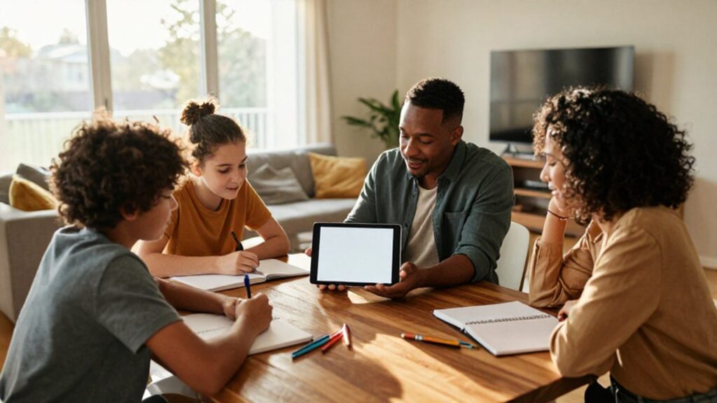 Padres e hijos adolescentes comparten con entusiasmo la pantalla de una tableta en un comedor luminoso.