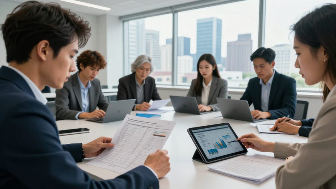 Persona estudiando gráficos económicos en una tableta dentro de un aula moderna frente a una ciudad.