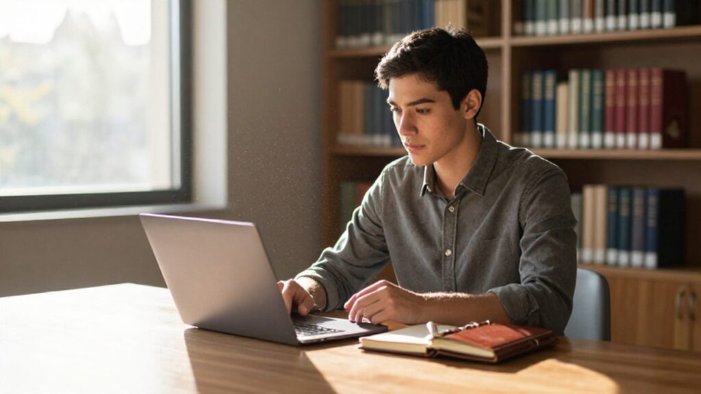 Joven profesional trabajando frente a un portátil y un cuaderno en una biblioteca iluminada por el sol.