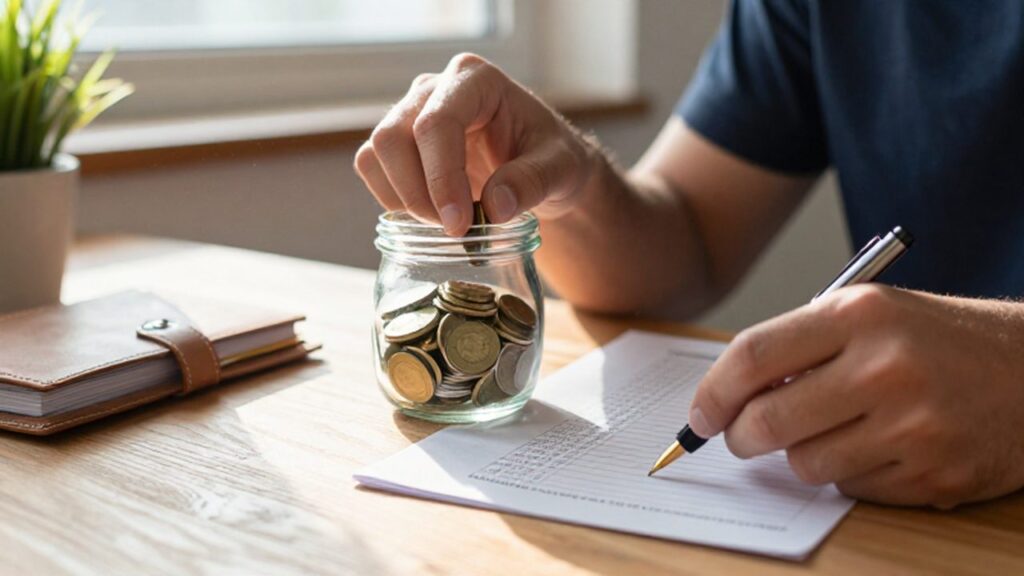 Manos organizando un escritorio de madera mientras depositan monedas en un frasco y marcan una lista.