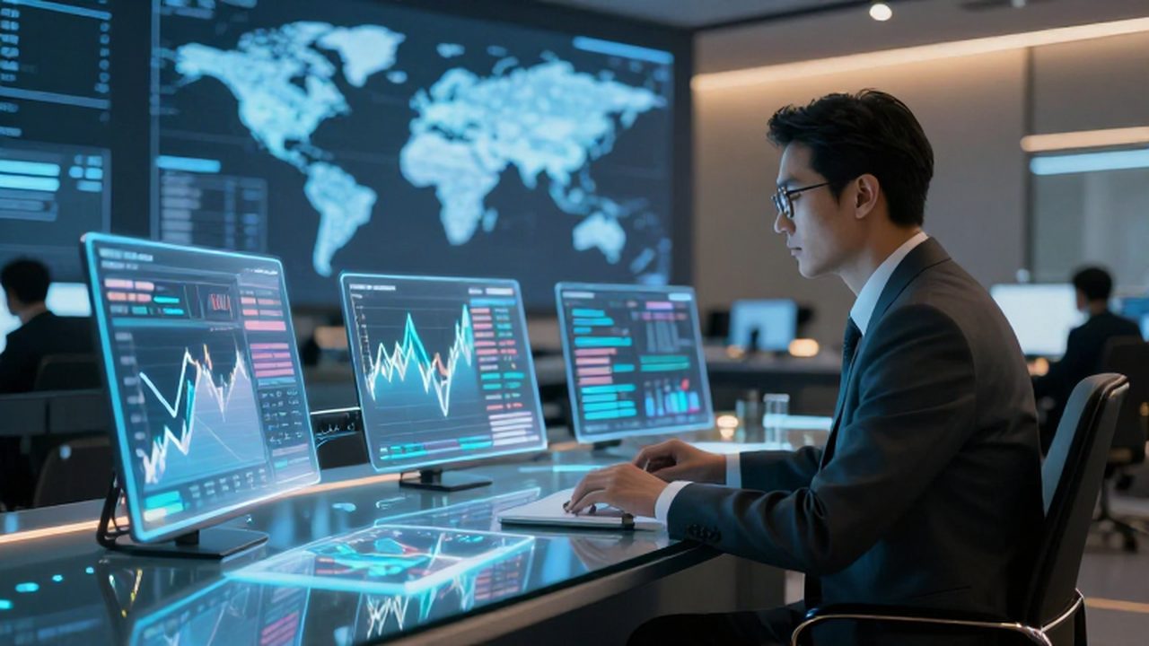 Economista analizando gráficos holográficos y tendencias económicas en un moderno centro de mando financiero.