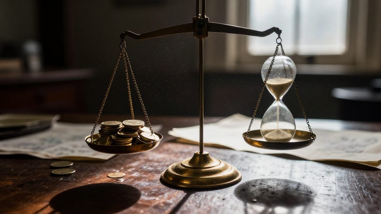 Balanza de latón antiguo que equilibra una pila de monedas de oro con un reloj de arena.