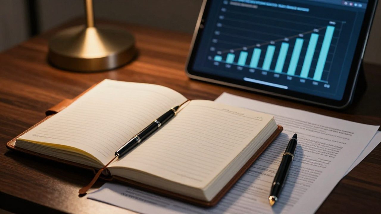 Planificador de cuero y pluma sobre documentos financieros junto a una tablet con gráficos.