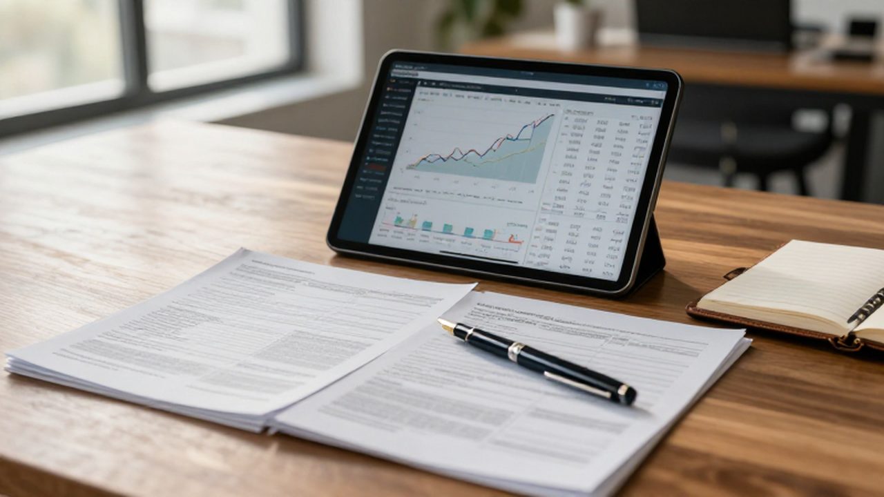 Escritorio de madera con una tableta con gráficos financieros, documentos de impuestos y una pluma elegante.