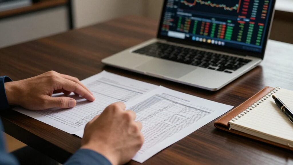Manos de un profesional organizando documentos financieros y formularios de impuestos sobre un escritorio.
